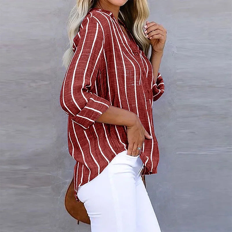 Yasmin | Women's Striped Summer Shirt | V-Neck, Loose Fit | Lightweight Cotton