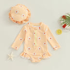 Kids Rash Guard Set Girls Long Sleeve Flower Print Swimsuit Hat