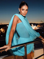 Summer Dress Women One Shoulder Balloon Sleeve Draped Turquoise