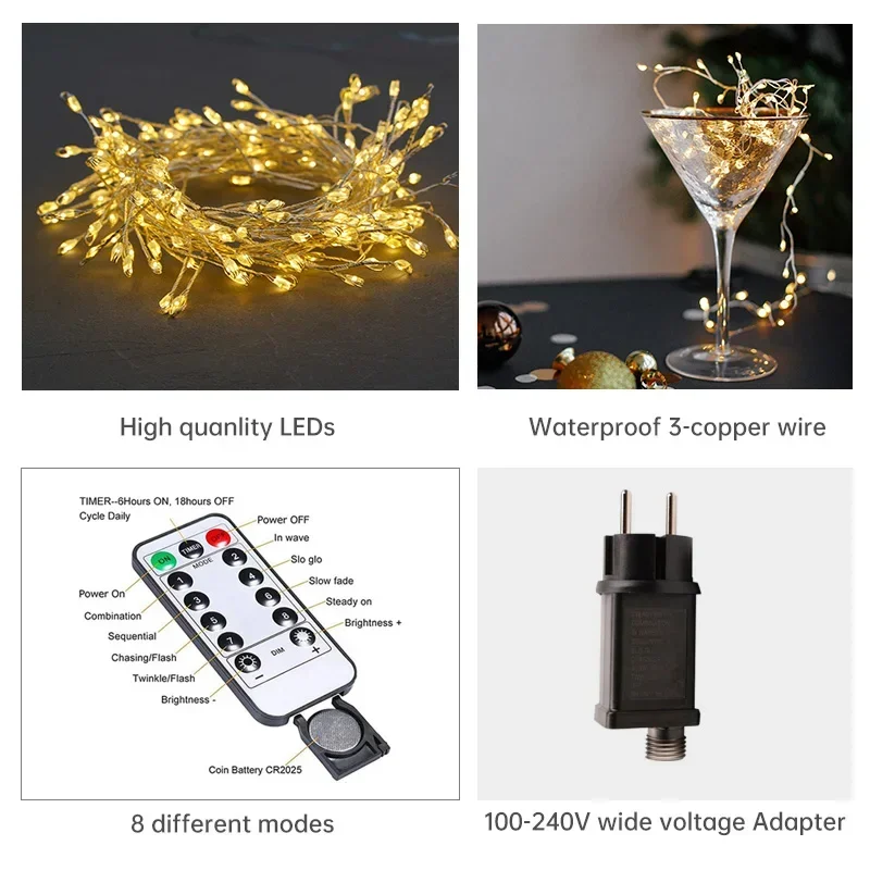 Christmas LED string lights silver wire cluster waterproof IP44 for holiday decor
