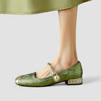 Embla | Ballet Flats | Pearl Embellished, Square Toe, Ankle Strap | Women's