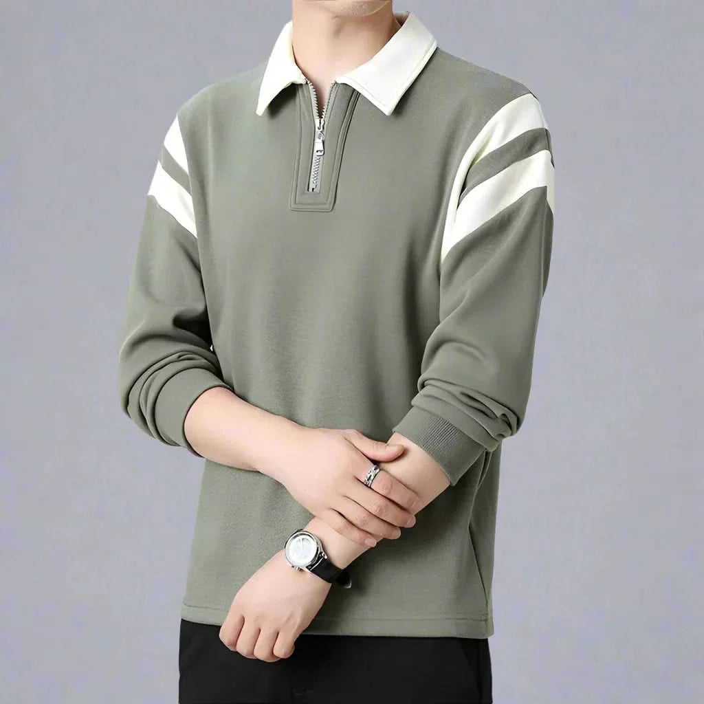 Men Cotton Blend Long Sleeve Polo Zipper