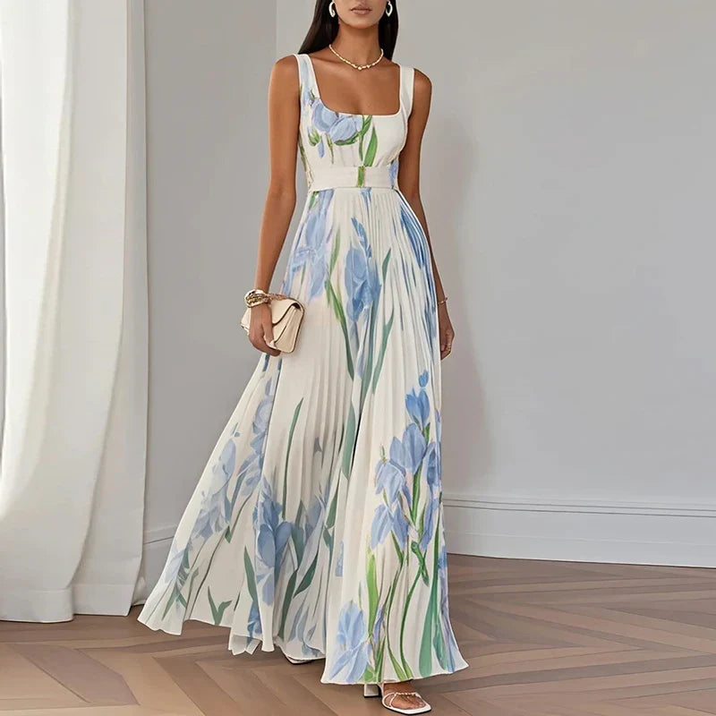 Birdie | Maxi Dress | Floral Square Neck, Pleated Wedding Guest | Multi
