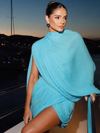 Summer Dress Women One Shoulder Balloon Sleeve Draped Turquoise