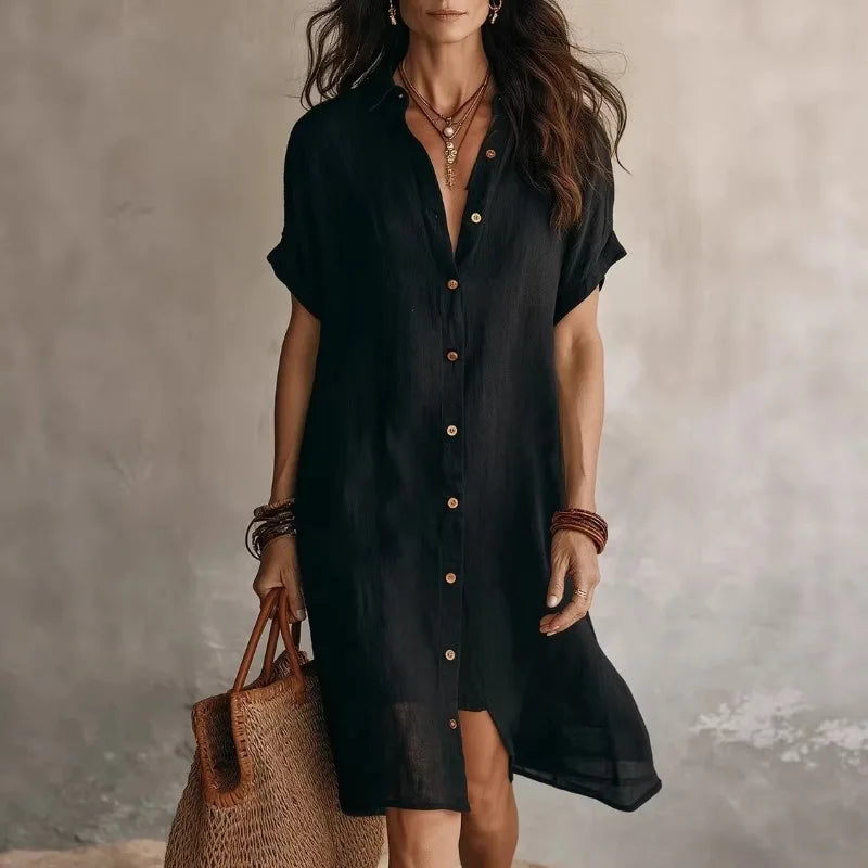 Women Shirt Dress Cotton Linen Loose Fit Button Down | Faye