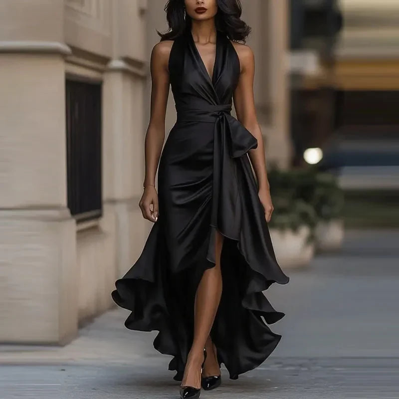 Halterneck Dress Women Maxi Wrap Asymmetric Hem | Honor