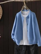 Women Cardigan Pearl Button Crew Neck Relaxed Fit