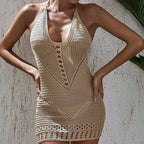 Beach Cover Up Dress Women Knitted Short Hollow Out Tie Up