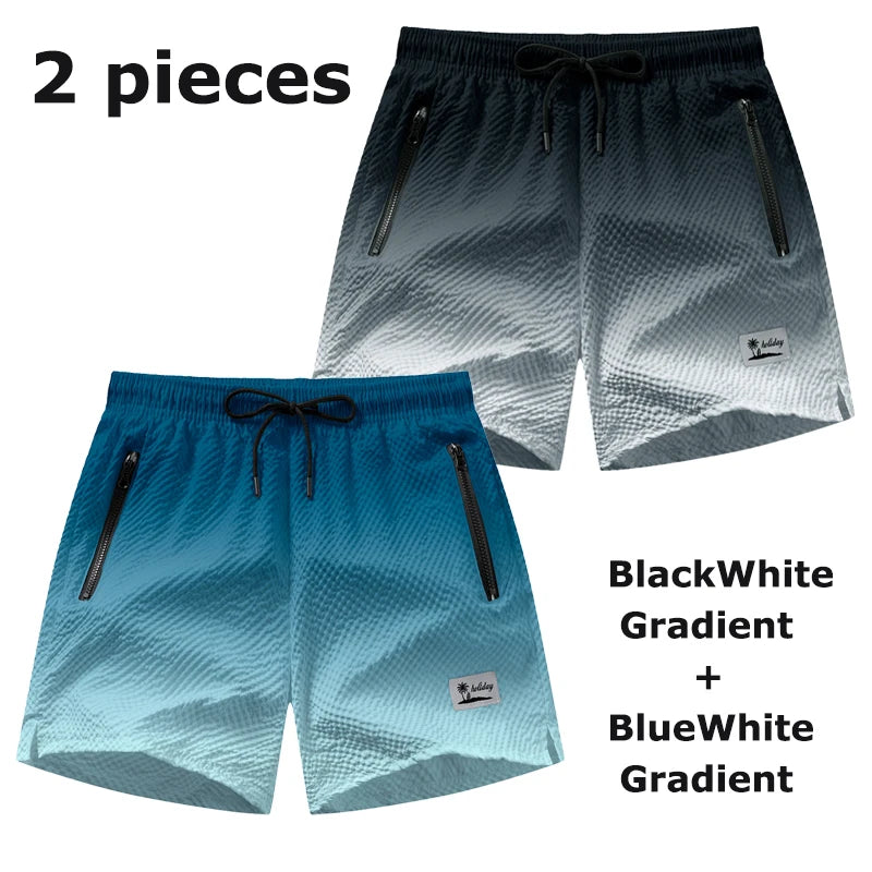 Men Swim Shorts Seersucker Quick Dry Mesh Lined Zipper Pockets