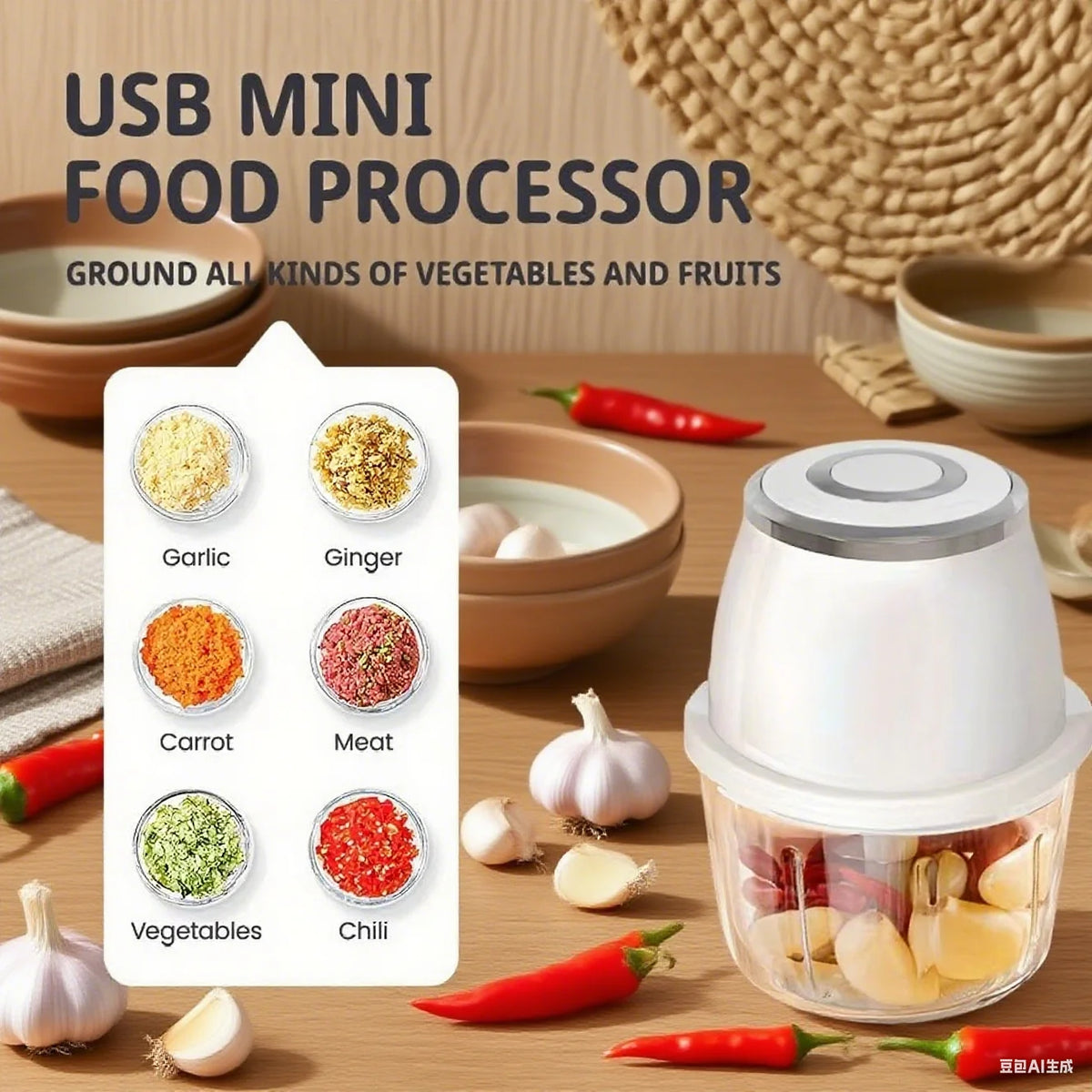Food Chopper Electric Meat Grinder 350ml USB Rechargeable 6 Blade