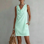 Amara | Women's Mini Dress | Cowl Neck, Sleeveless, A-Line | Side Pockets