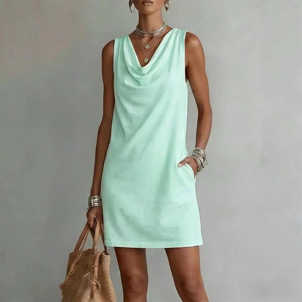 Amara | Women's Mini Dress | Cowl Neck, Sleeveless, A-Line | Side Pockets