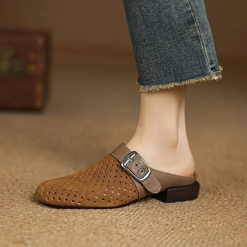 Women Suede Leather Clogs Buckle Strap
