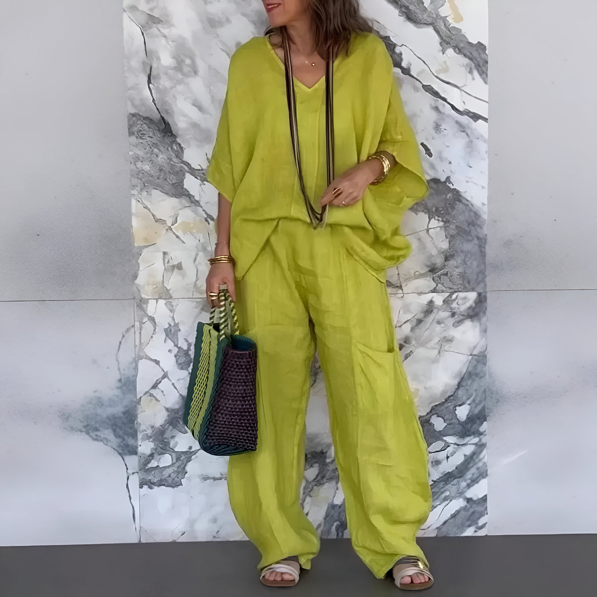 Women 2 piece wide leg pants set loose fit in lime green black and khaki
