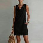 Amara | Women's Mini Dress | Cowl Neck, Sleeveless, A-Line | Side Pockets