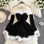 Christmas Party Dress Women Sexy Low Cut Feather Trim Sleeveless Mini