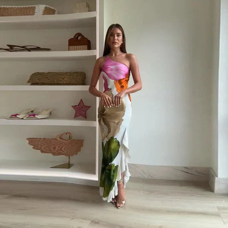 Women Asymmetric One Shoulder Maxi Dress Floral Print