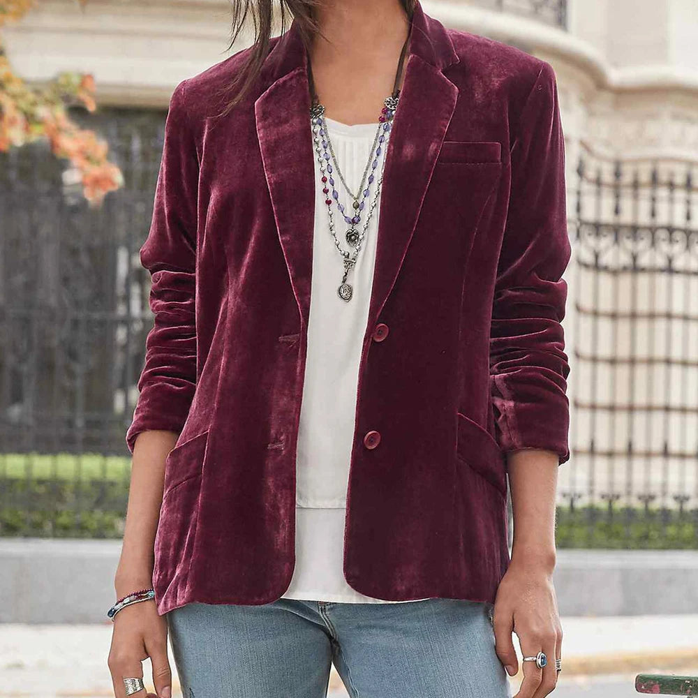 Women Velvet Blazer Casual Slim Fit Notched Lapel Long Sleeve