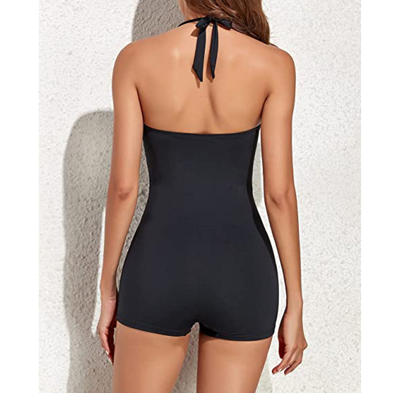 One Piece Swimsuit Women Boyleg Full Coverage Solid Woven Fabric