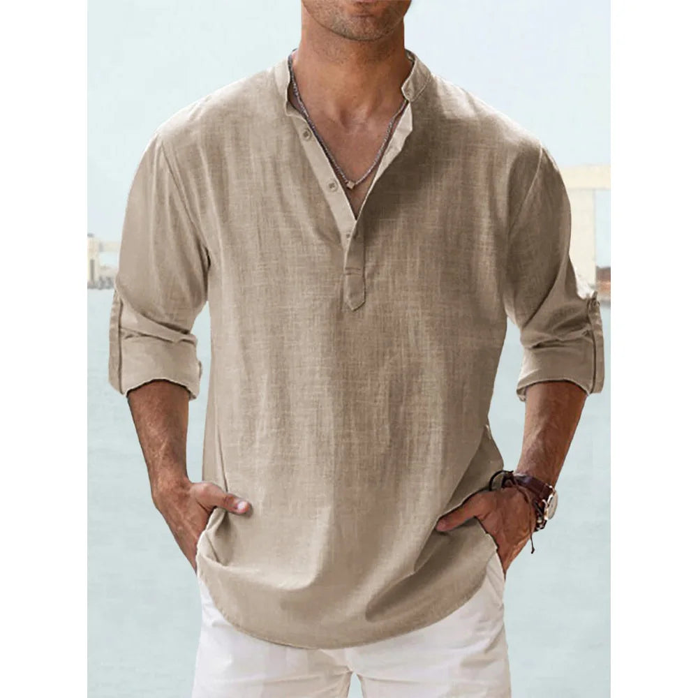 Hawaiian Shirt Men | Cotton Linen Lightweight Long Sleeve Beach Shirt