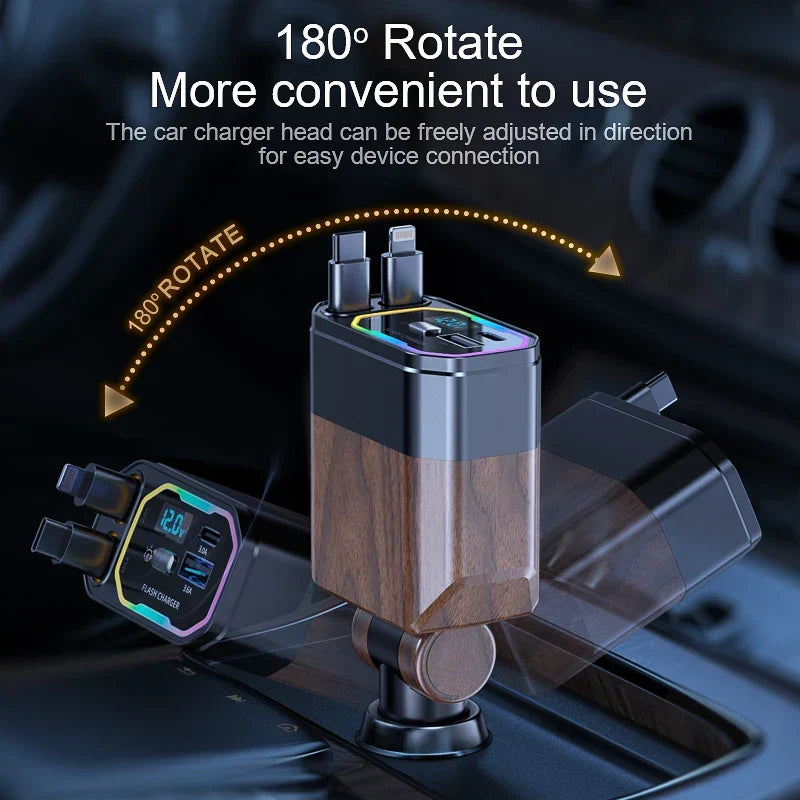 Car Charger 120W | 4-in-1 Retractable, USB-C & Cigarette Lighter | Aria