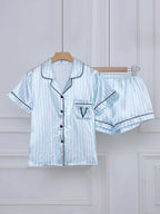 Satin Pajamas Women Short Sleeve 2 Piece Set Striped Embroidered