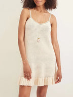 Beach Cover Up Dress Women Crochet Knit Halter Ruffle Mini Beige