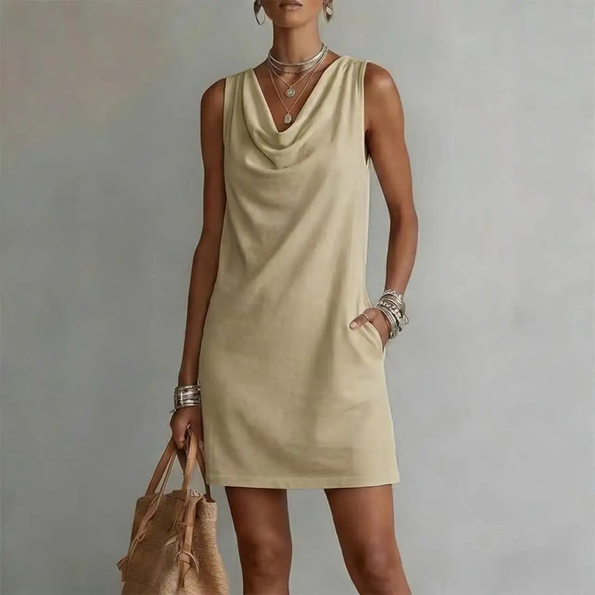 Amara | Women's Mini Dress | Cowl Neck, Sleeveless, A-Line | Side Pockets