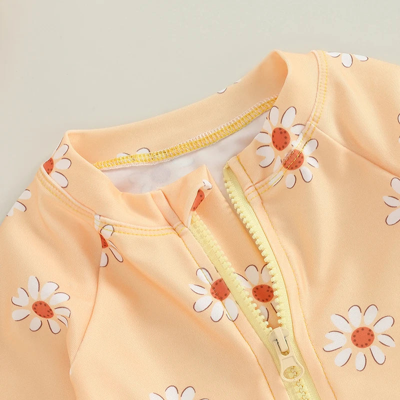 Kids Rash Guard Set Girls Long Sleeve Flower Print Swimsuit Hat