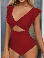 Women One Piece Swimsuit Tummy Control V Neck High Cut Mesh