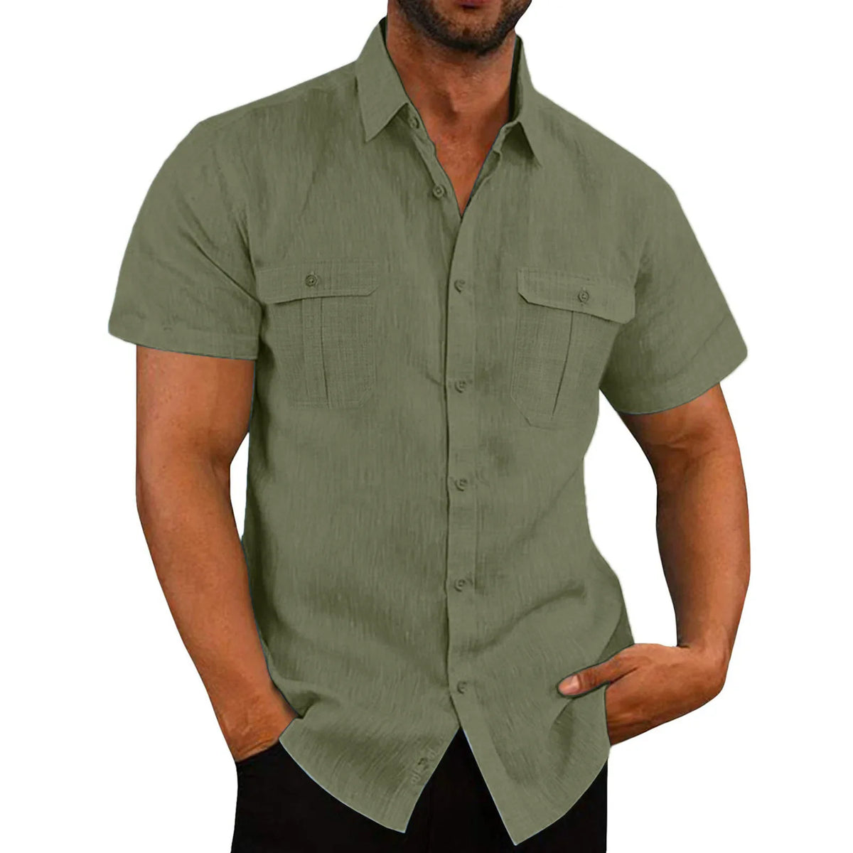 Linen Shirt Men Short Sleeve Casual Plus Size Solid Turn Down Collar