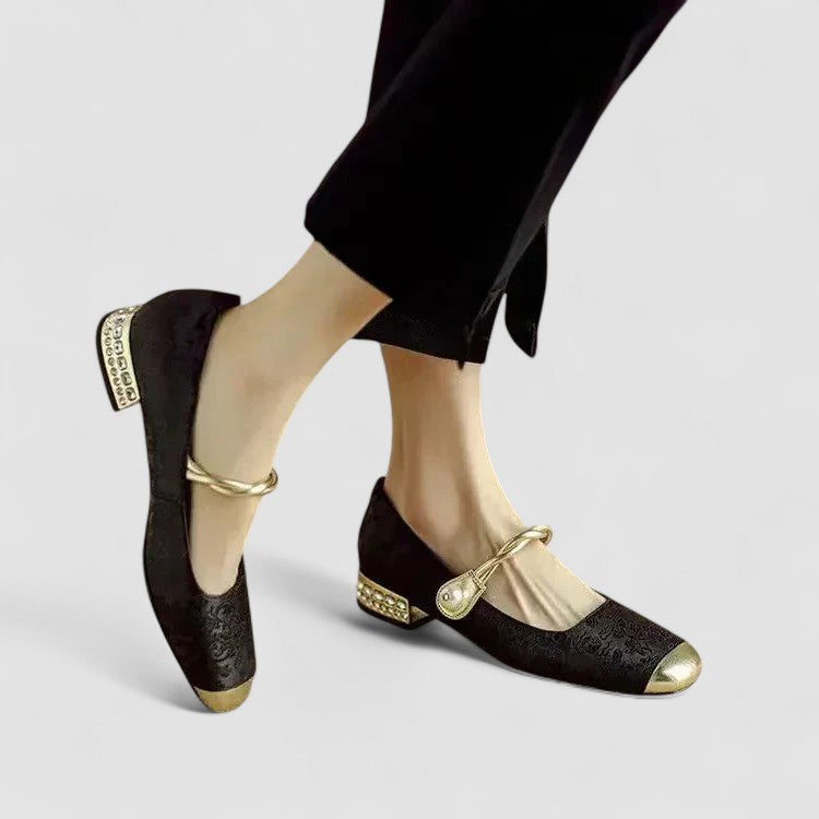 Embla | Ballet Flats | Pearl Embellished, Square Toe, Ankle Strap | Women's