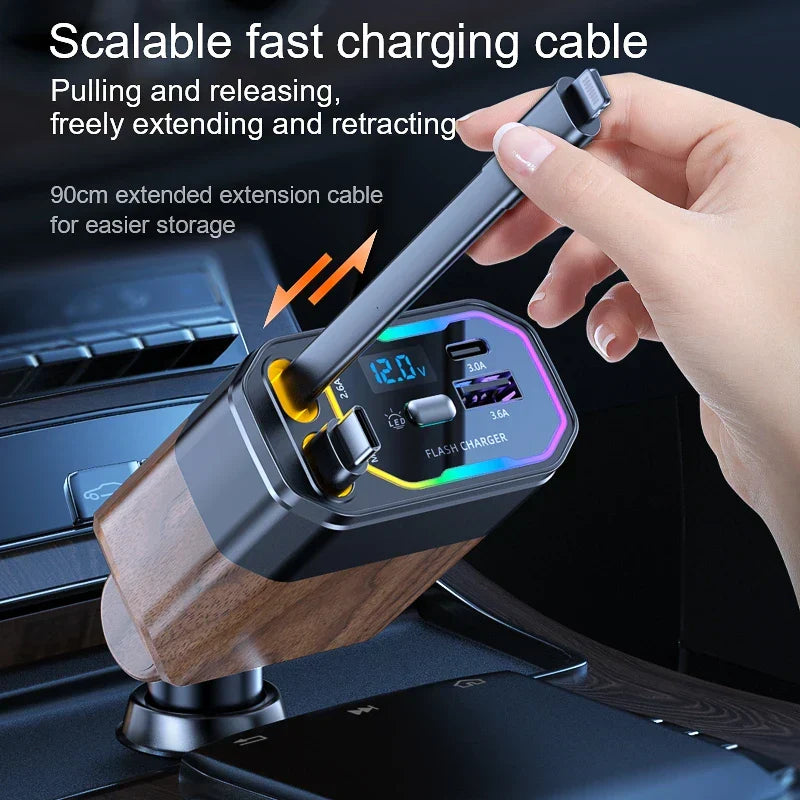 Car Charger 120W | 4-in-1 Retractable, USB-C & Cigarette Lighter | Aria