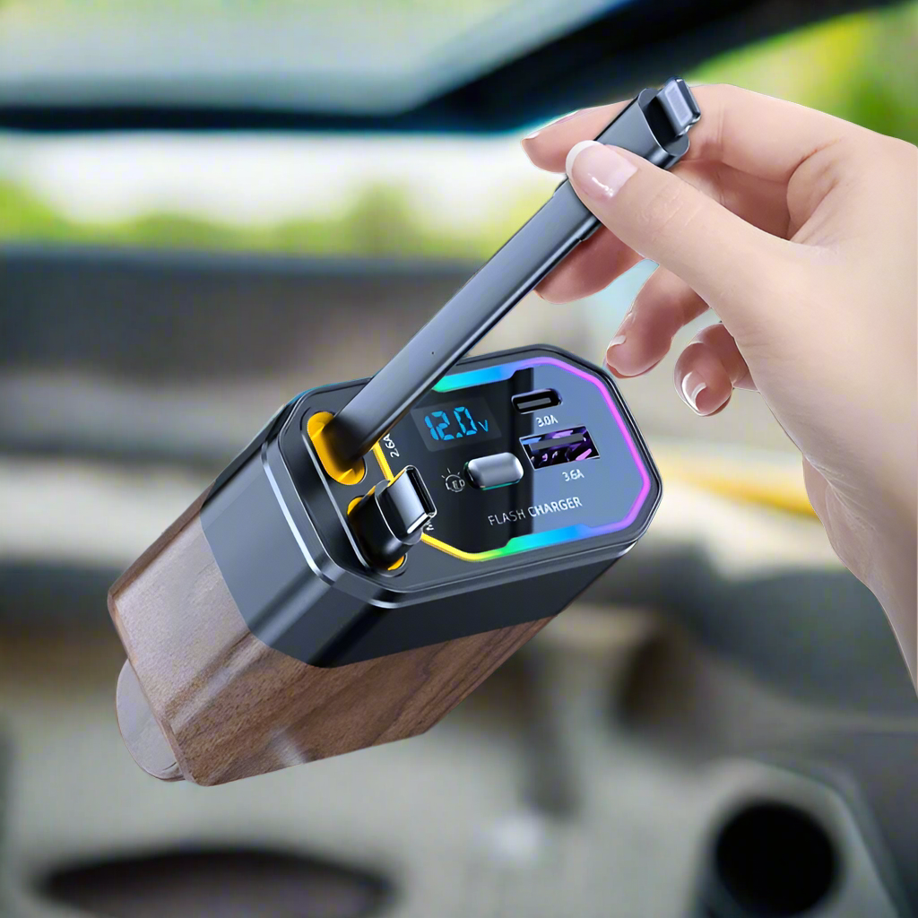 Car Charger 120W | 4-in-1 Retractable, USB-C & Cigarette Lighter | Aria