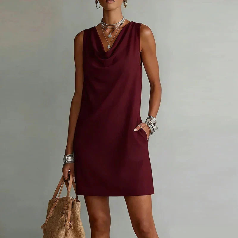 Amara | Women's Mini Dress | Cowl Neck, Sleeveless, A-Line | Side Pockets
