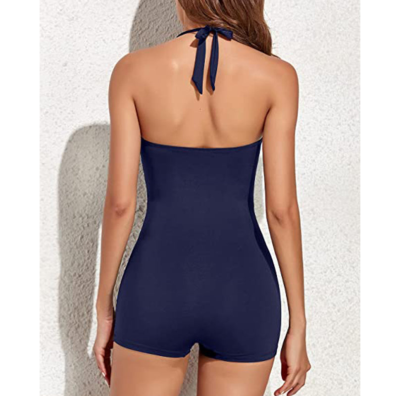 One Piece Swimsuit Women Boyleg Full Coverage Solid Woven Fabric