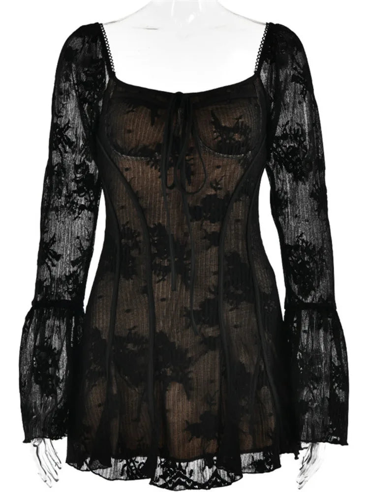 Women Lace Mini Dress Flared Long Sleeves | Zara