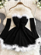 Christmas Party Dress Women Sexy Low Cut Feather Trim Sleeveless Mini