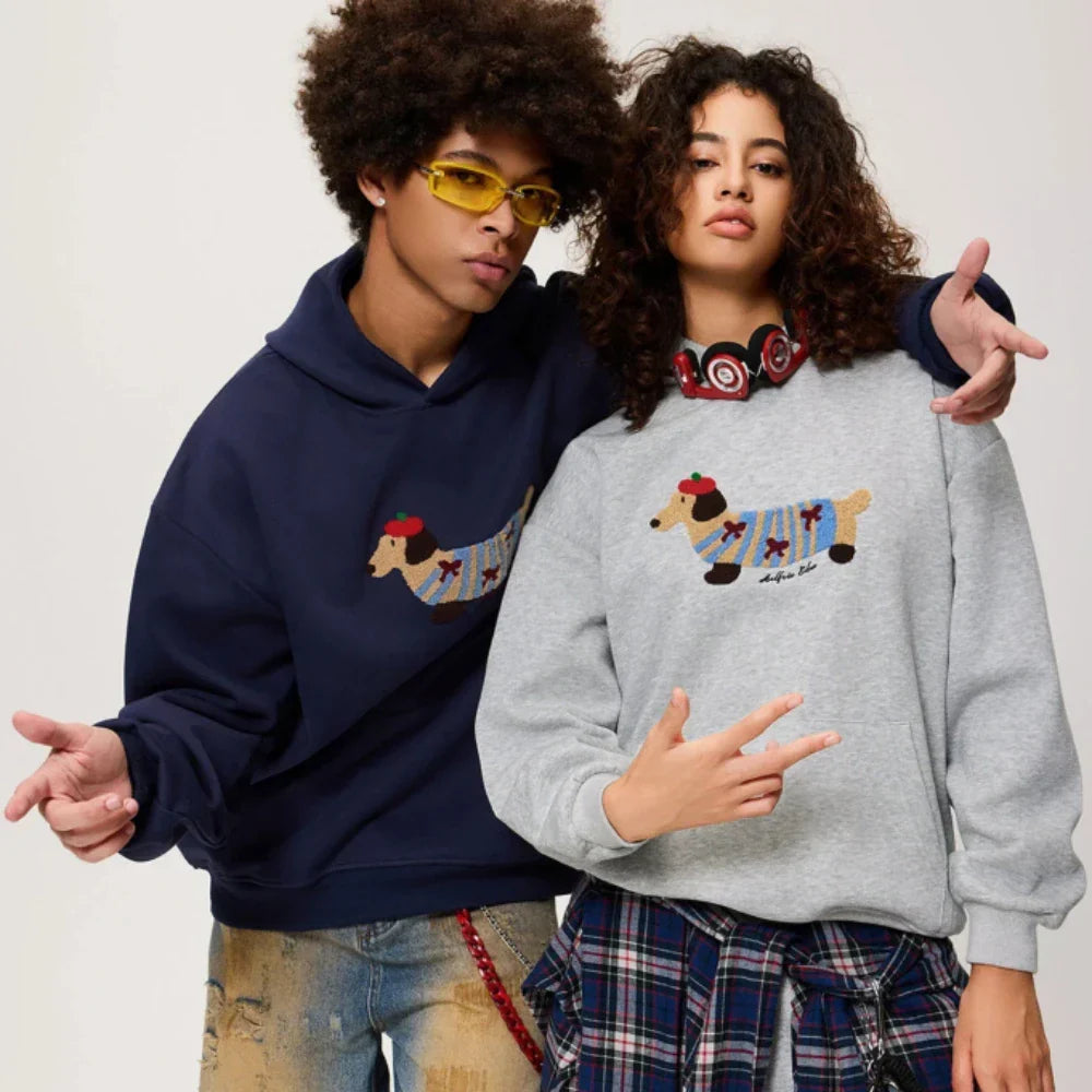 Nina | Unisex Oversized Hoodie | Dachshund Embroidery, Kangaroo Pocket