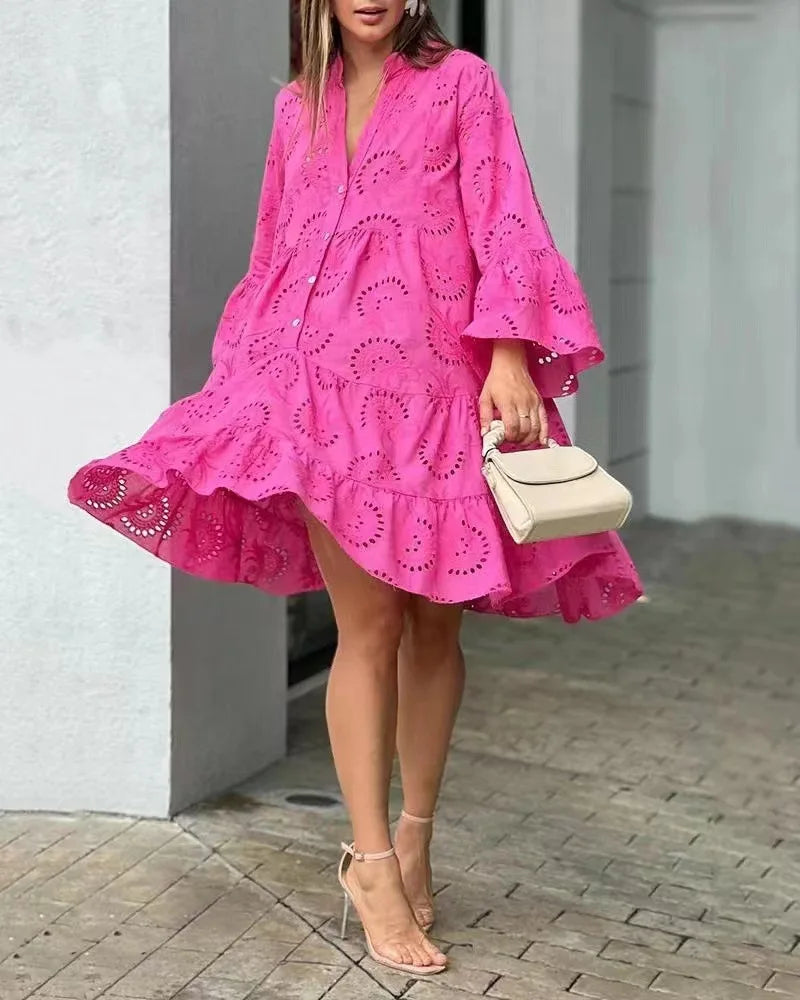 Women Lace Dress Boho Wide Sleeve Button Front | Mila