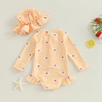 Kids Rash Guard Set Girls Long Sleeve Flower Print Swimsuit Hat