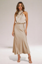 Summer Dress | Women Sleeveless Long Satin Halter Neck Maxi Dress