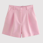 Women Shorts High Waisted Pleated Straight Leg Mid Thigh Length