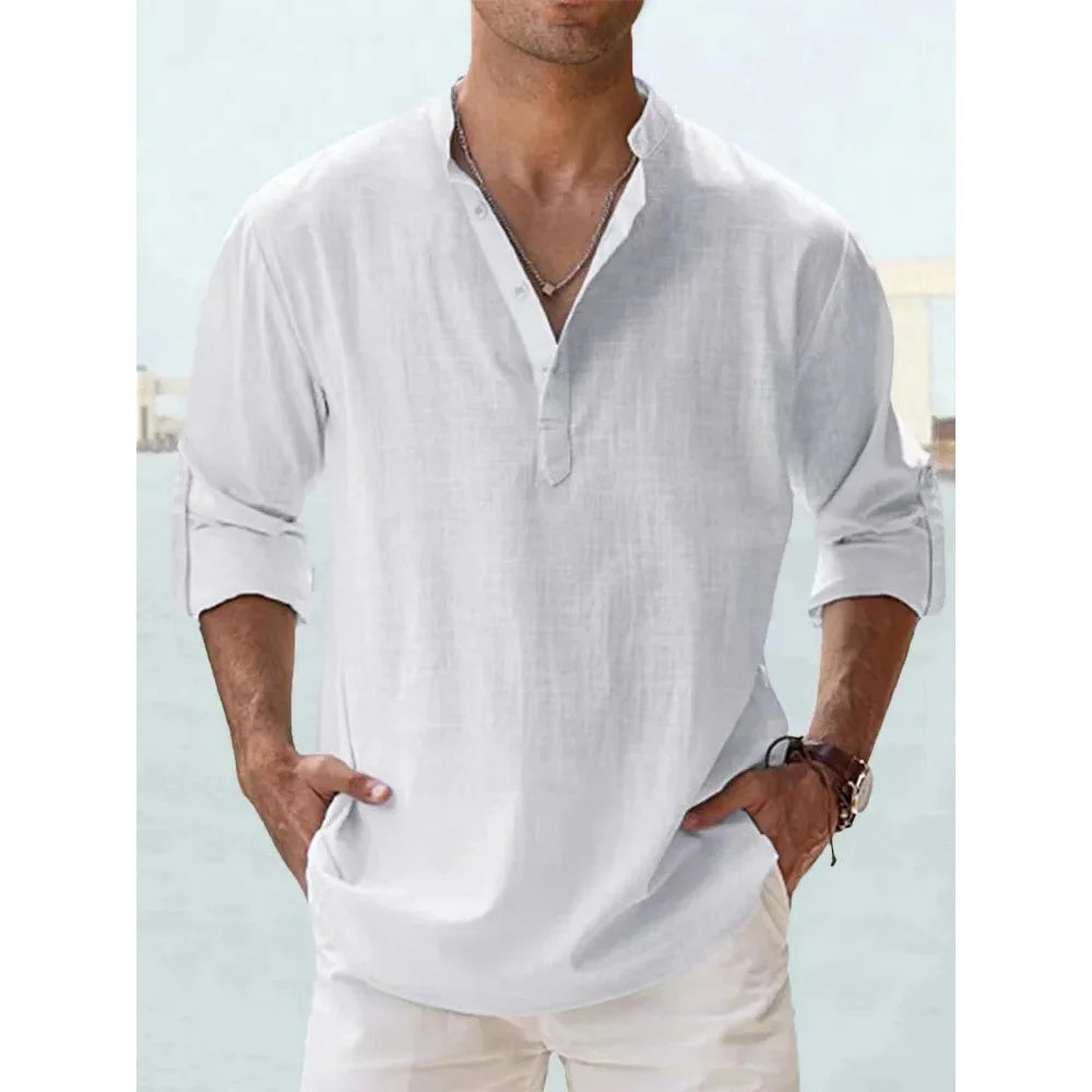 Hawaiian Shirt Men | Cotton Linen Lightweight Long Sleeve Beach Shirt