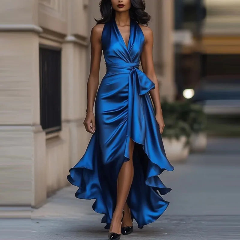 Halterneck Dress Women Maxi Wrap Asymmetric Hem | Honor