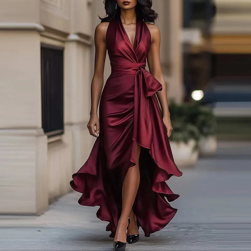 Halterneck Dress Women Maxi Wrap Asymmetric Hem | Honor