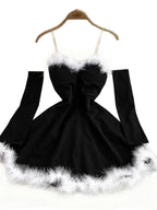Christmas Party Dress Women Sexy Low Cut Feather Trim Sleeveless Mini