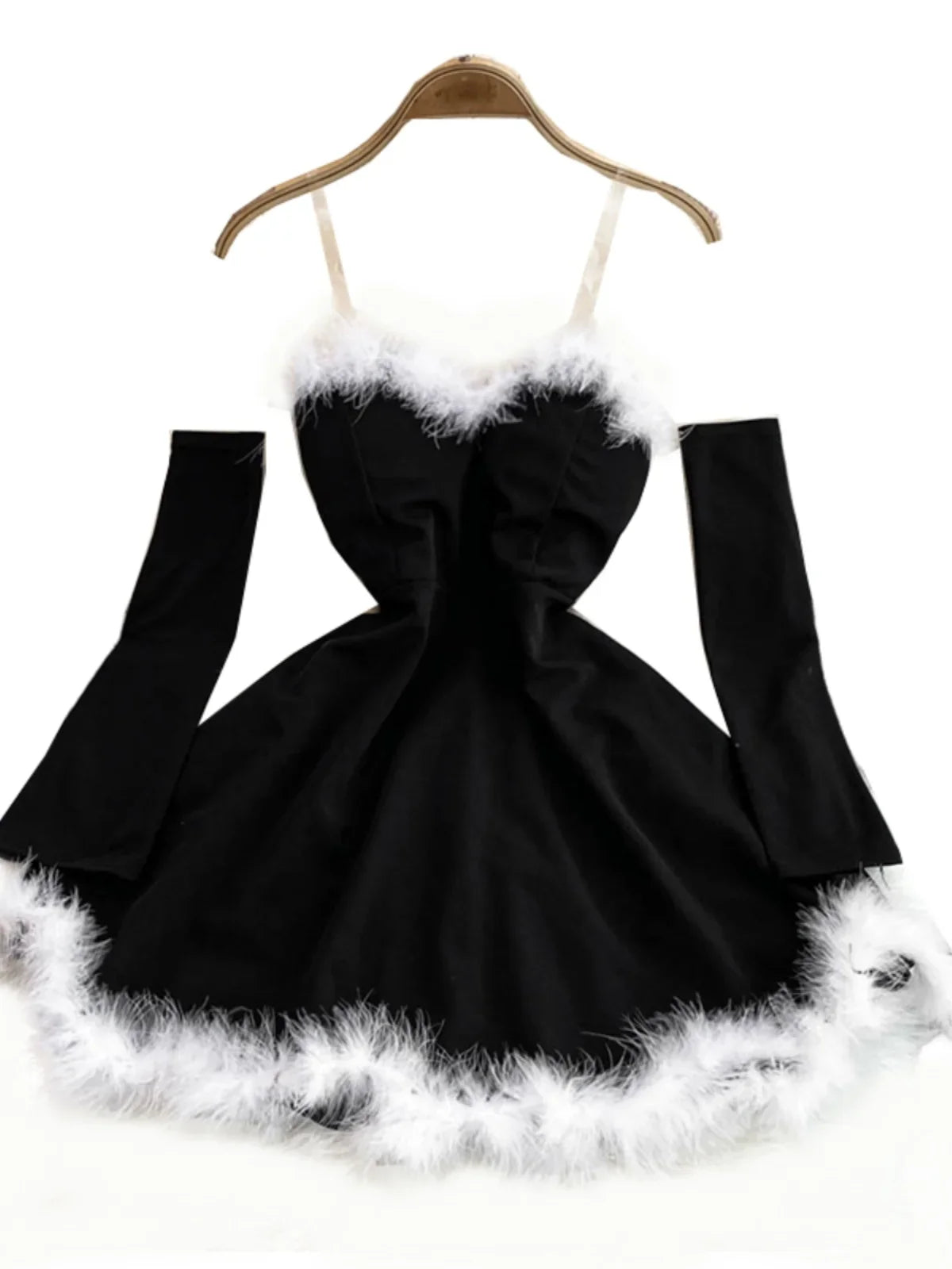 Christmas Party Dress Women Sexy Low Cut Feather Trim Sleeveless Mini