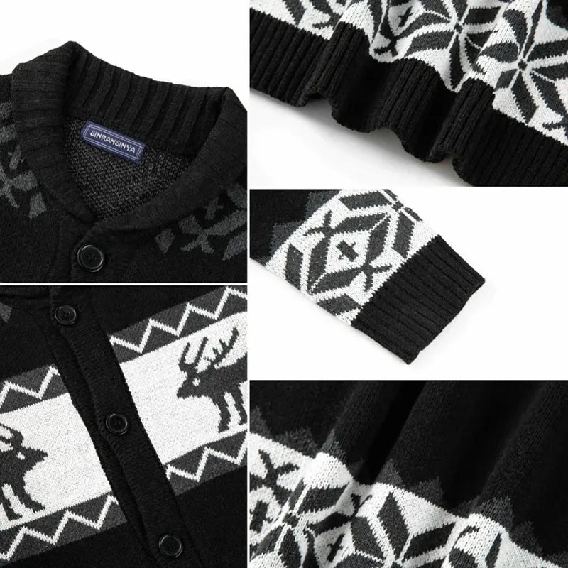Mens christmas jumper deer jacquard knit cardigan long sleeve