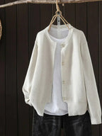 Women Cardigan Pearl Button Crew Neck Relaxed Fit